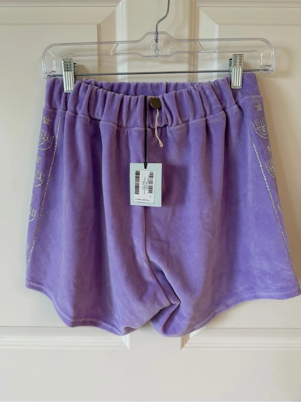 Chiara Ferragni Lavender Velour Athletic Shorts with Rhinestone Trim